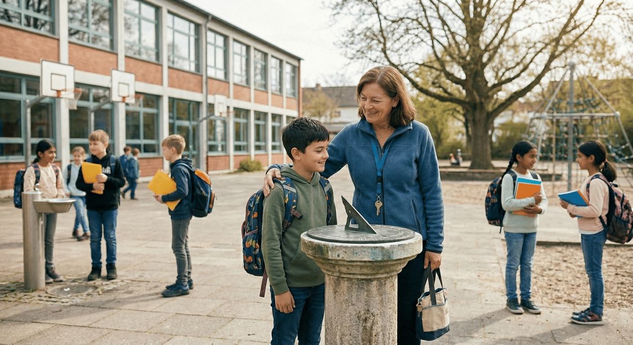 Lehrerin und Schüler stehen vor einer Sonnenuhr auf einem Schulhof mit anderen Kindern und einem Schulgebäude.